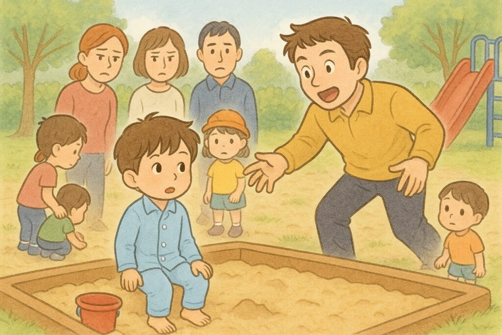 脱走した知的障害のあるパジャマ&裸足姿の息子を公園の砂場で発見し、安堵した父親