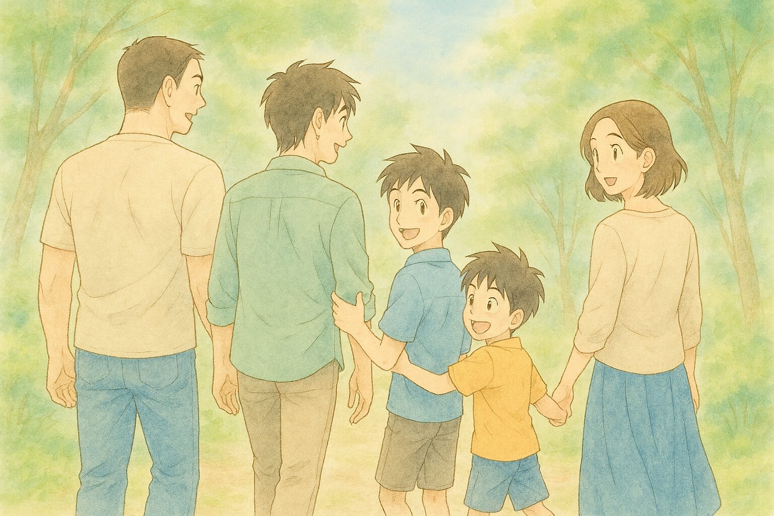 家族で仲良く公園を散歩している様子
