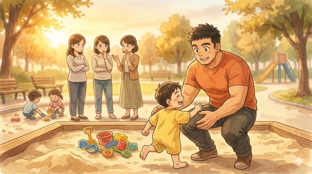 子どもを見つけて安堵する父親