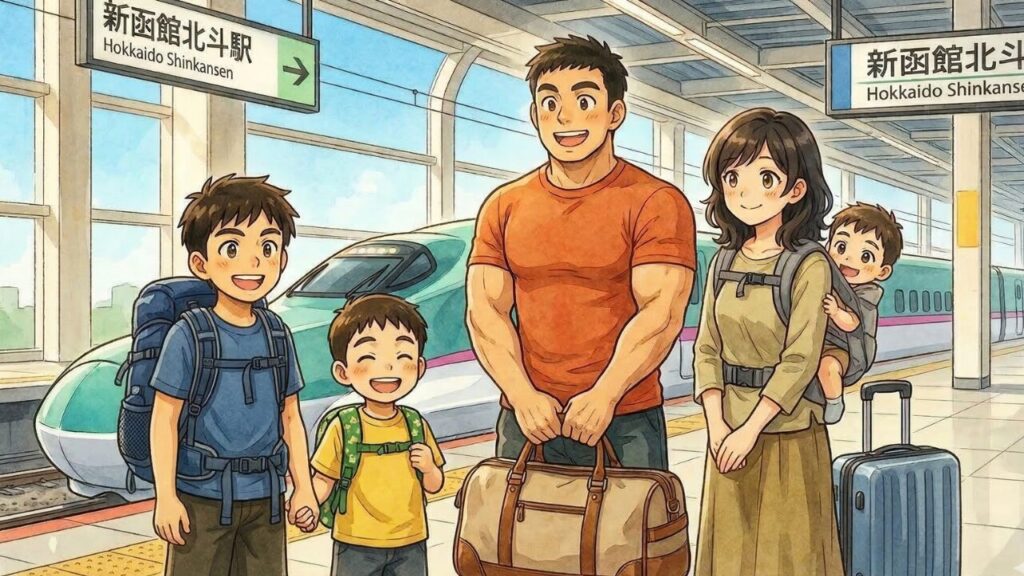 5人家族が新幹線で長距離移動している様子のイラスト