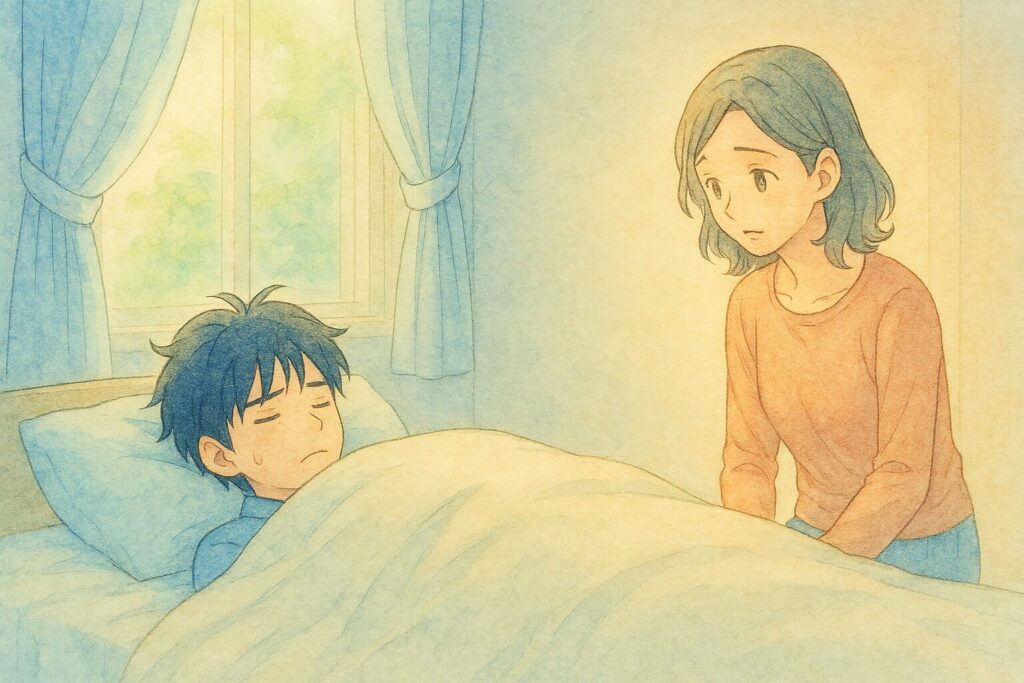 体調不良の息子を傍で心配そうに見守る母親