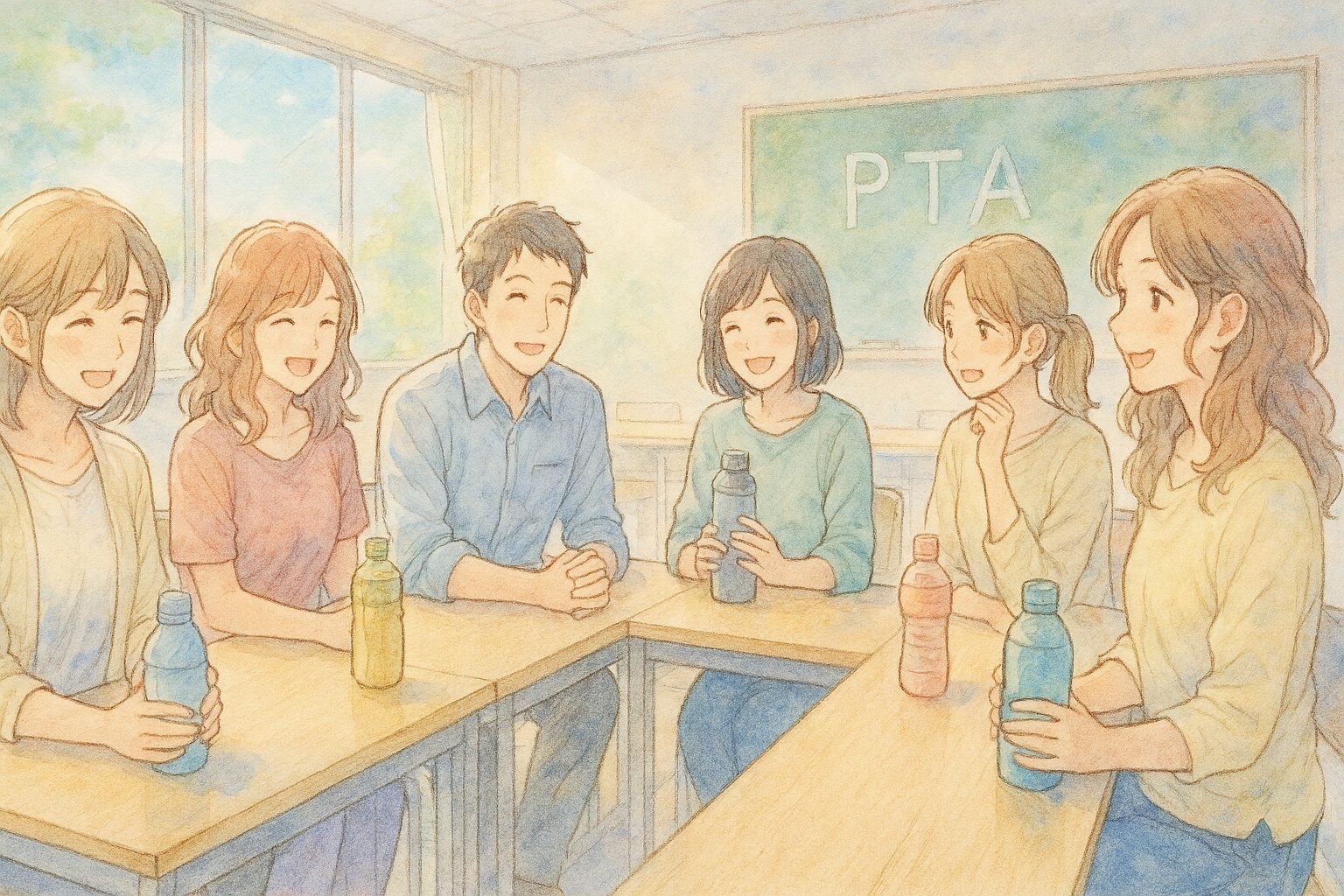 PTA役員で和やかに打ち合わせをしている場面