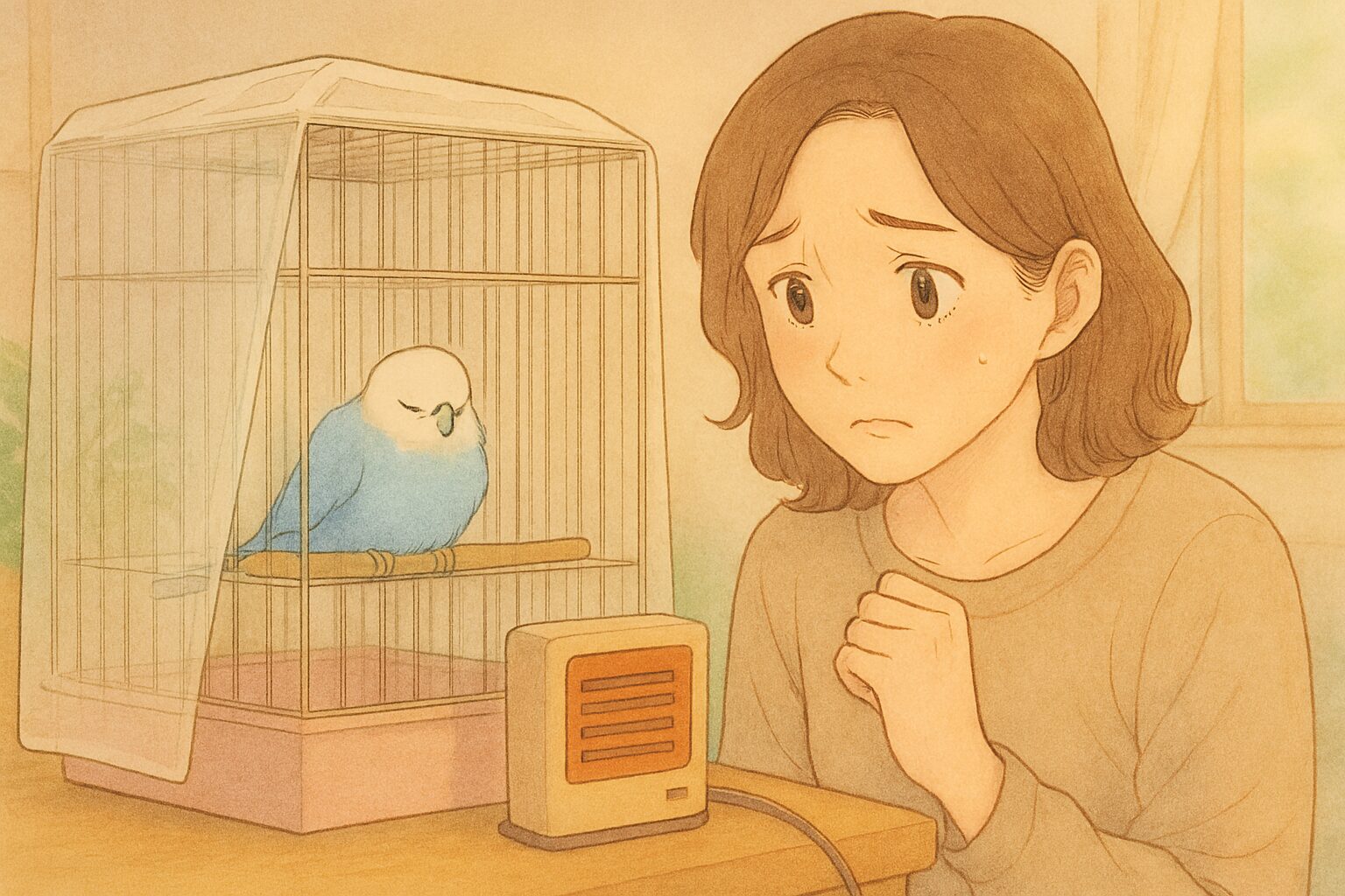 闘病中のセキセイインコを心配そうに見つめる飼い主