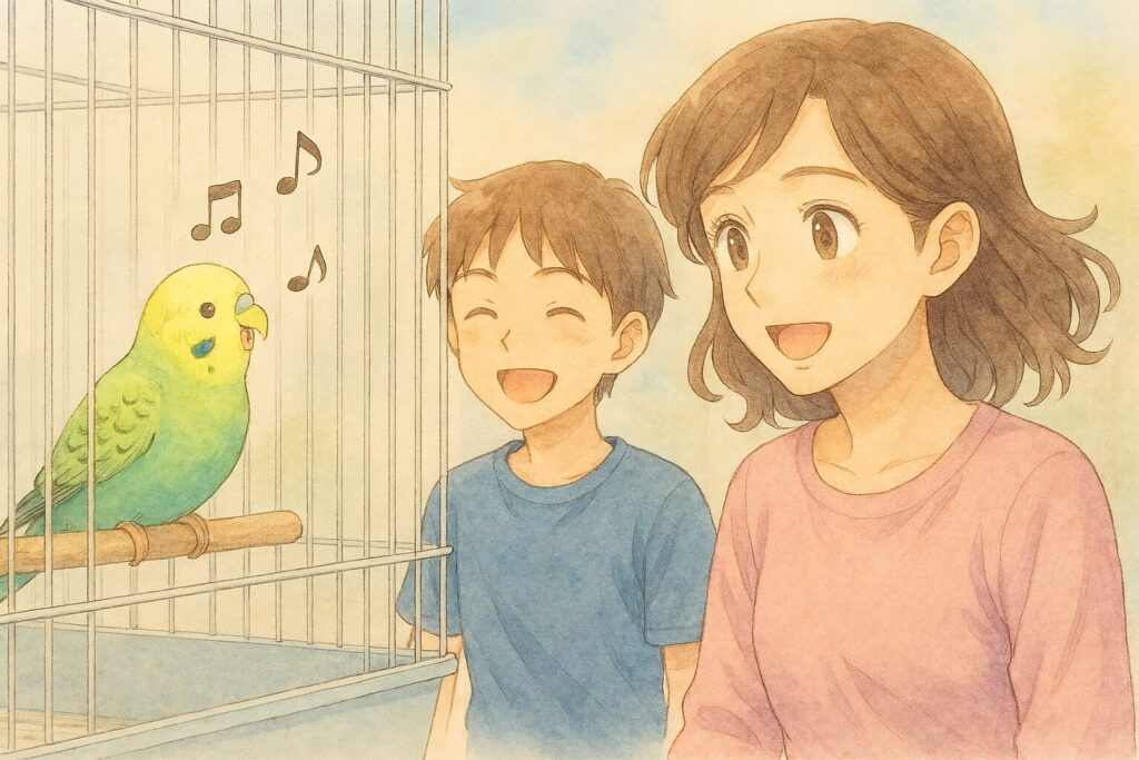 セキセイインコが元気そうに歌っている様子を嬉しそうに見つめる飼い主