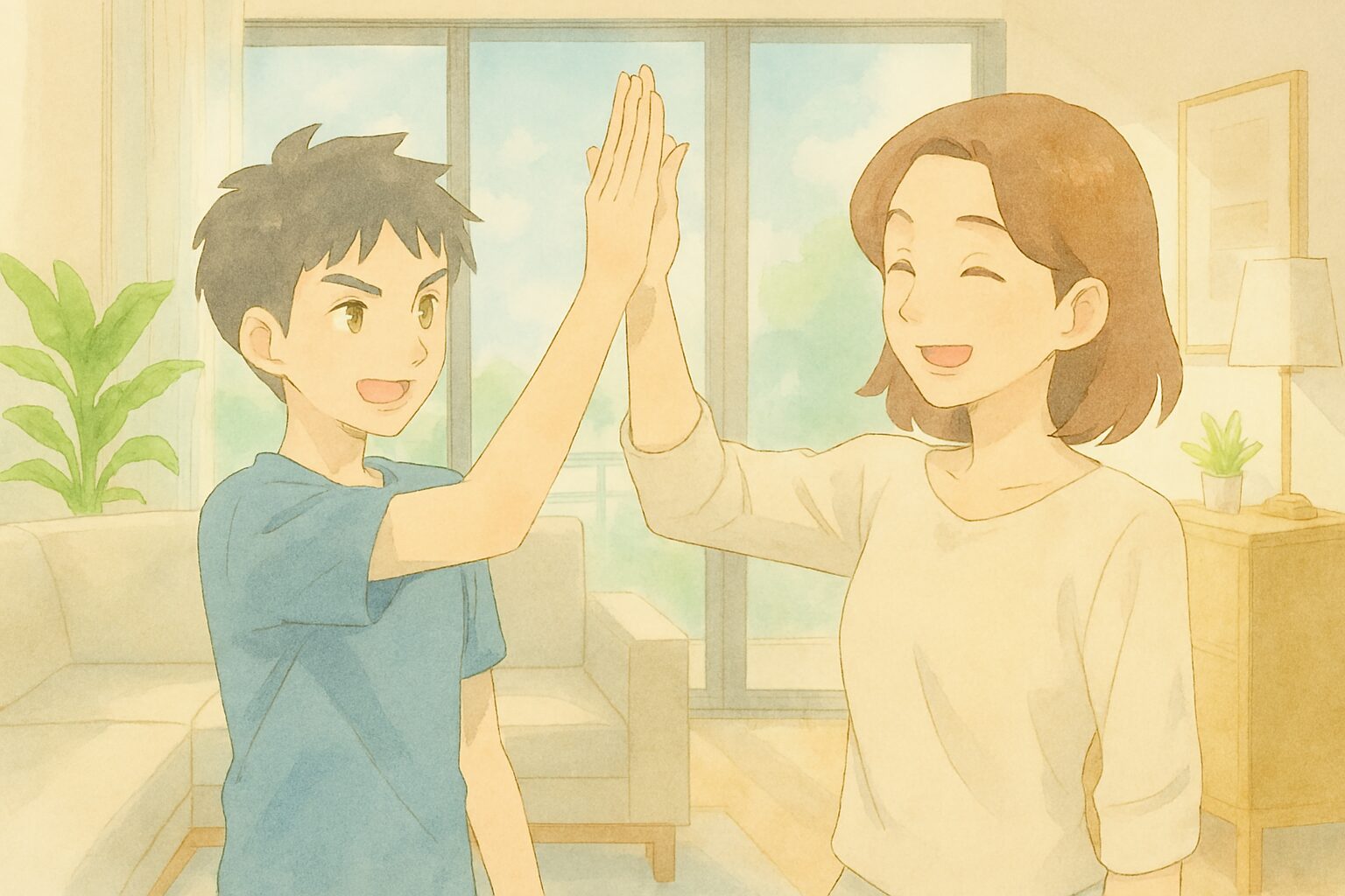 中3の息子と母親が嬉しそうにハイタッチする様子