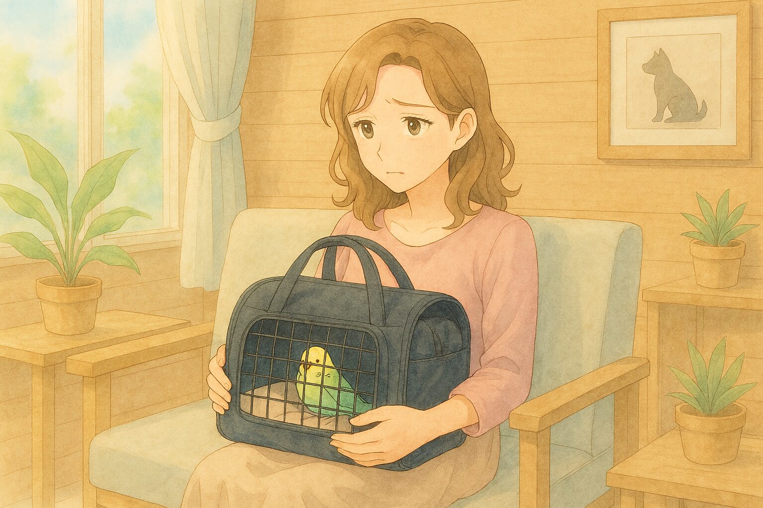 病気のセキセイインコを動物病院に連れてきた飼い主