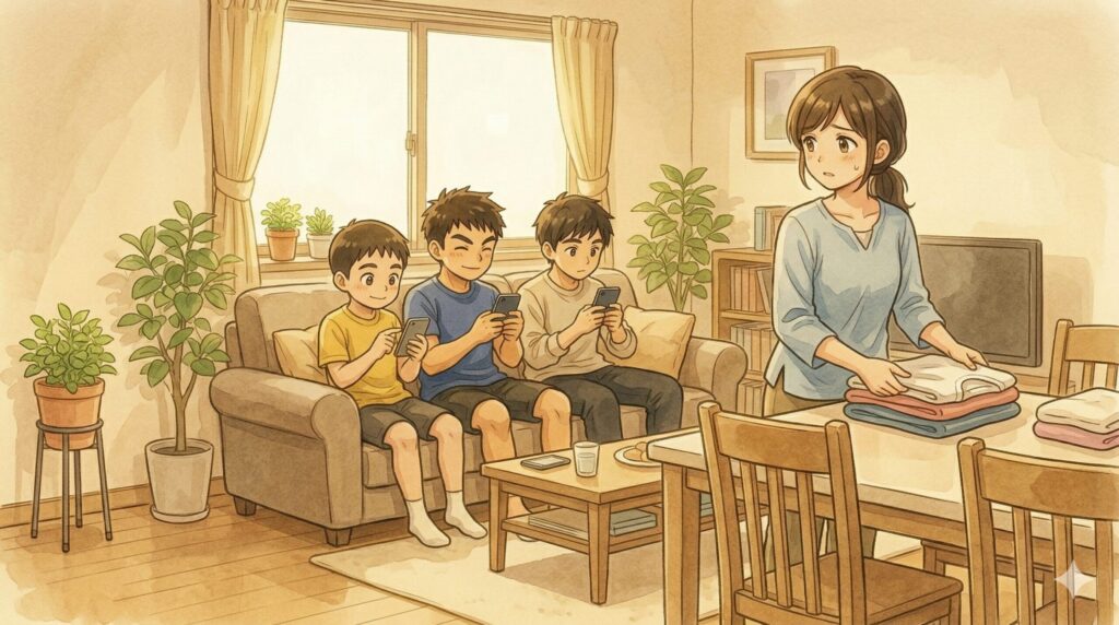 子ども3人がスマホで遊ぶ様子をみて、ふと通信費が気になりだす母親