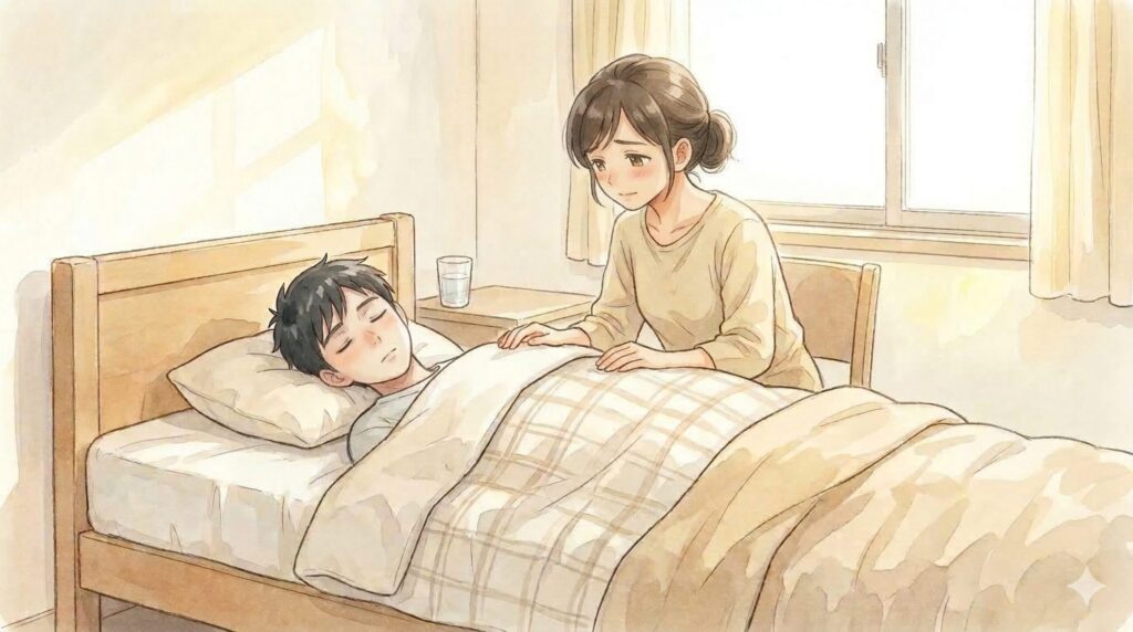 不登校の子どもの学校復帰に悩む親のイラスト