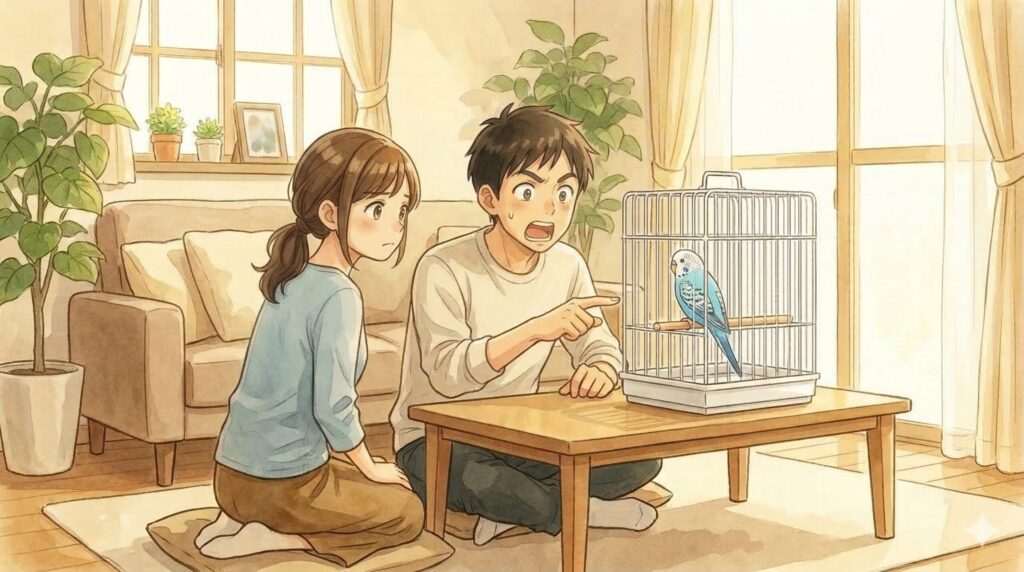 セキセイインコの卵管脱の異変に気づいた場面のイラスト