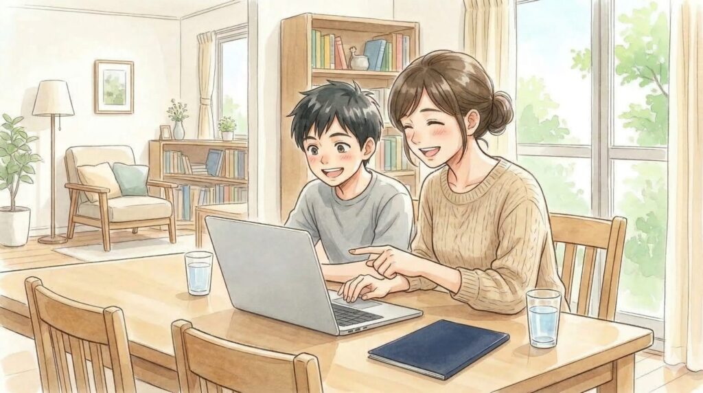 N高等学校を見つけて希望が持てた親子のイラスト