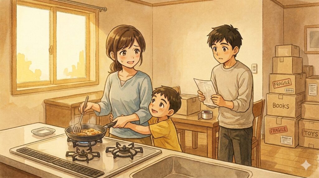 引っ越し直後の雑然としたキッチンで食事の支度をする母親と甘える三男。母は疲れと忙しさで少し困っている様子のイラスト