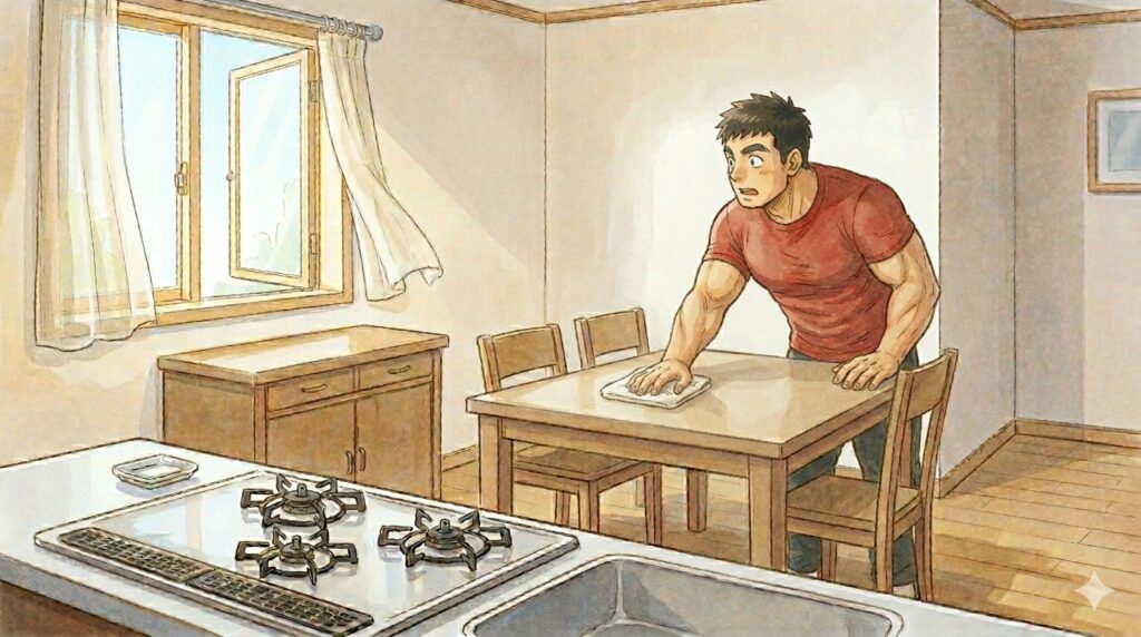 食事の後片付けをしていた時、窓の外から三男の声が聞こえたような気がして驚く親のイラスト