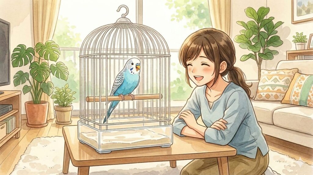 元気になったセキセイインコを嬉しそうに見つめる飼い主のイラスト