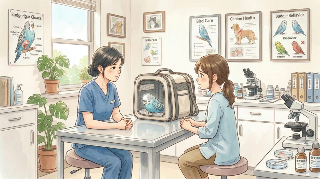 卵管脱の処置と自宅グリセリンケアをしている様子のイラスト