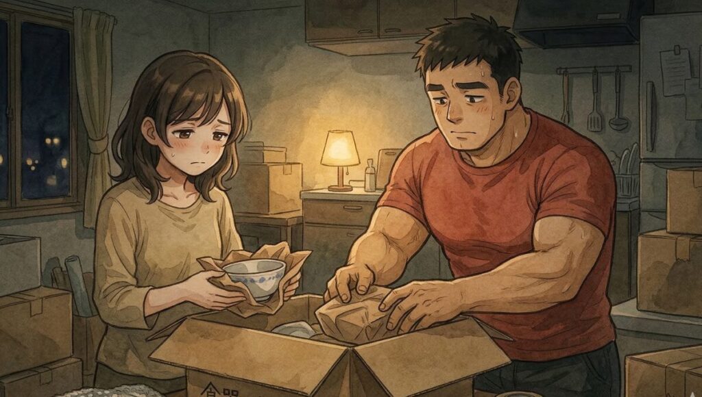 障害のある子どもを抱えながら荷造りをしている家族のイラスト