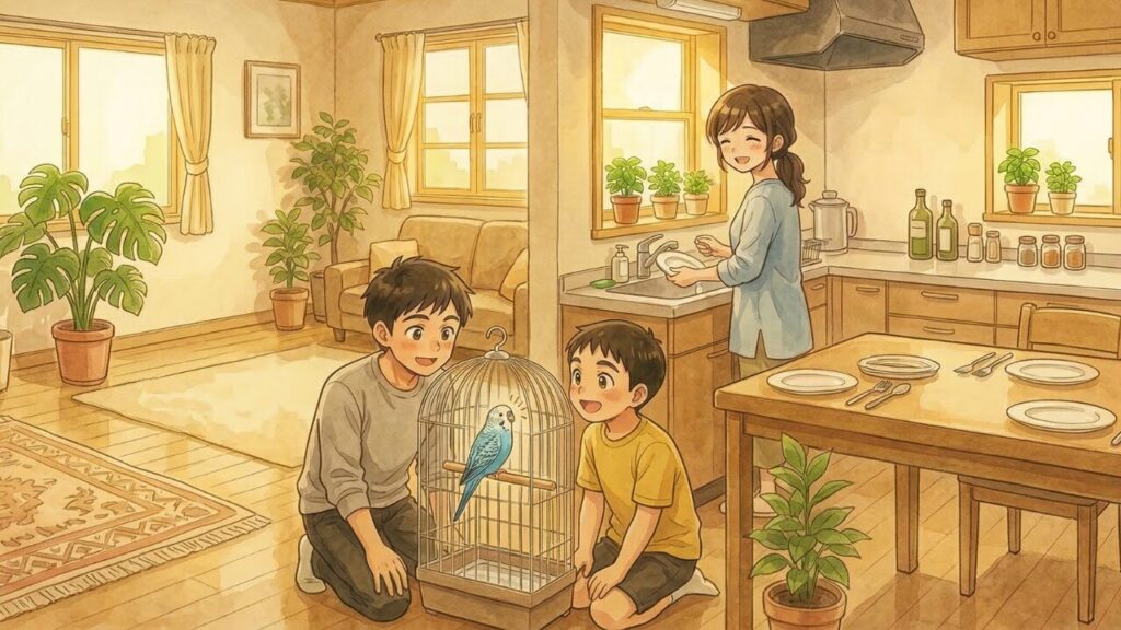 卵管脱の治療を乗り越えてケージの外で遊べるまで回復したセキセイインコのイラスト