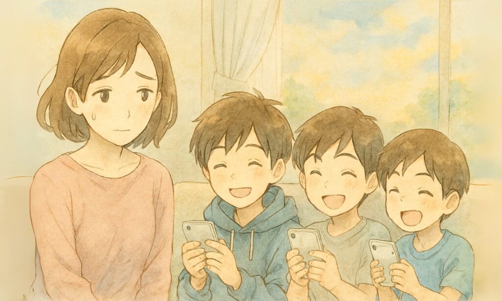 子どもがスマホを手にして遊び喜んでいる姿を、心配そうに見つめる母親