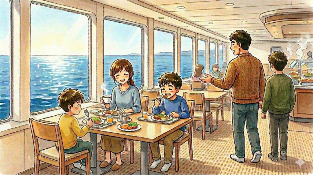 フェリーの個室で障害のある子どもとくつろぐ家族のイラスト