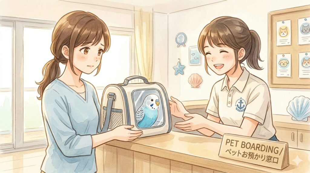 フェリー内のペット設備でセキセイインコをケアしている様子のイラスト