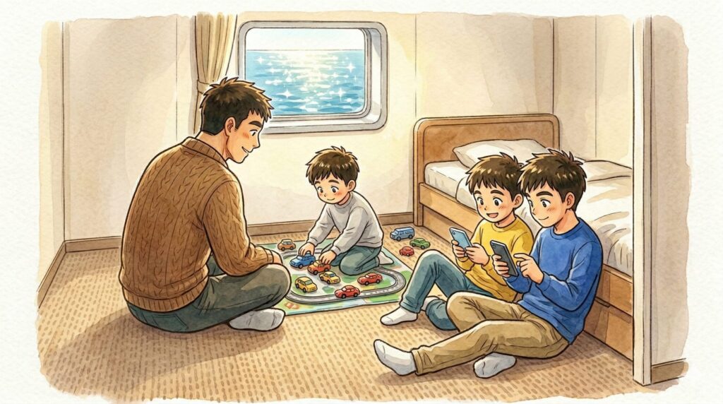 フェリーのオープンデッキから夕日と海を眺める家族のイラスト