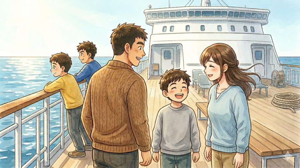 セキセイインコを連れてフェリーで北海道に引っ越しするイラスト