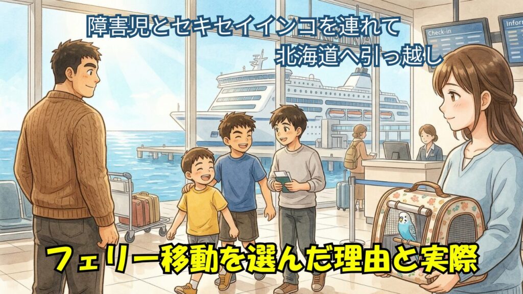 引っ越しのためにフェリーターミナルに来た親子