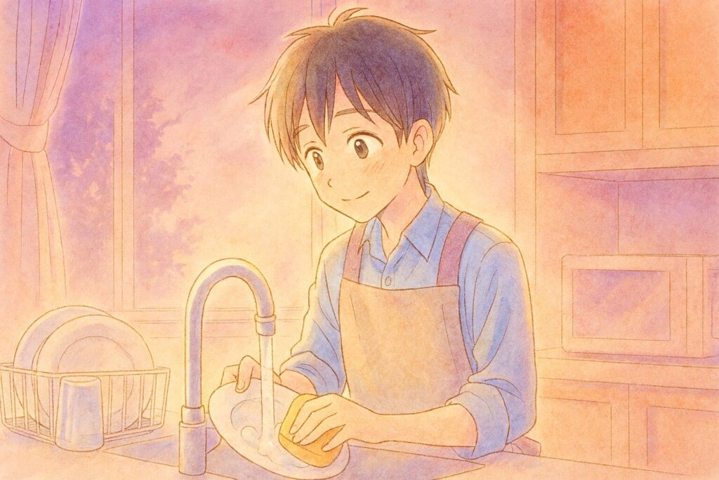 食器洗いする長男