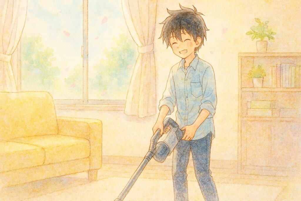 掃除機をかける次男