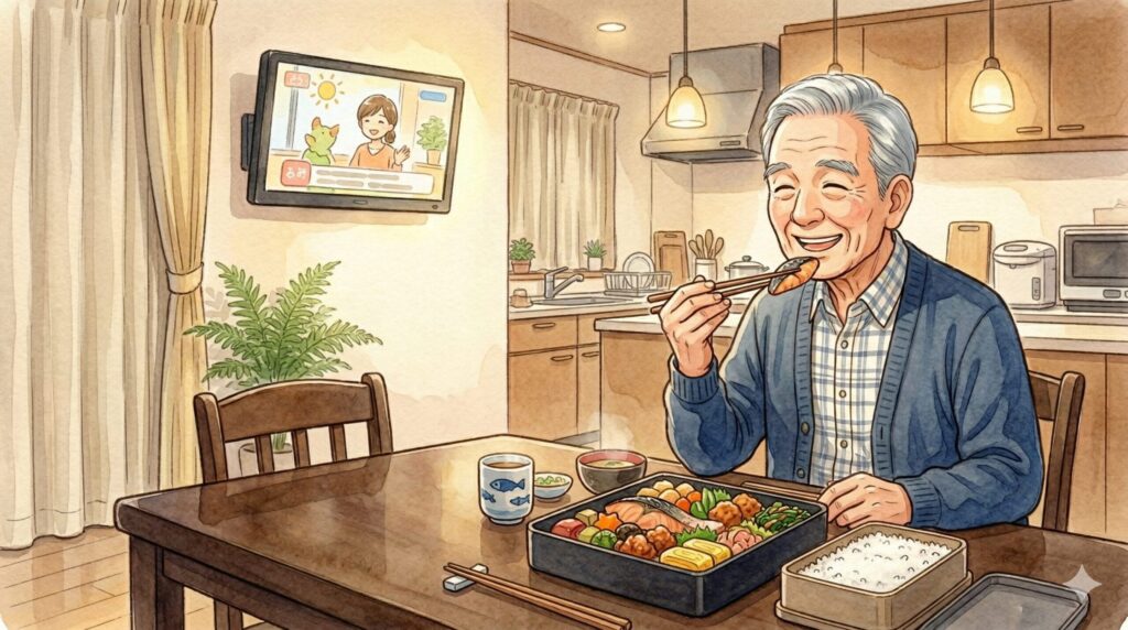 宅食弁当を食べる高齢の父親