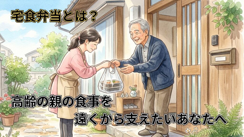 高齢の親が宅食弁当を受け取る様子